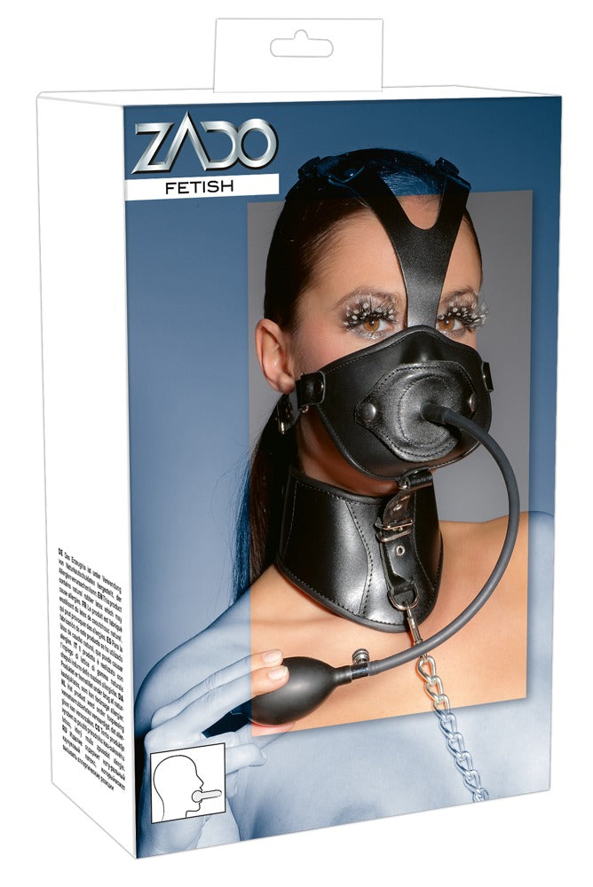 Zado Fetish - Leather Mask with inflatable Gag Collar & Leash