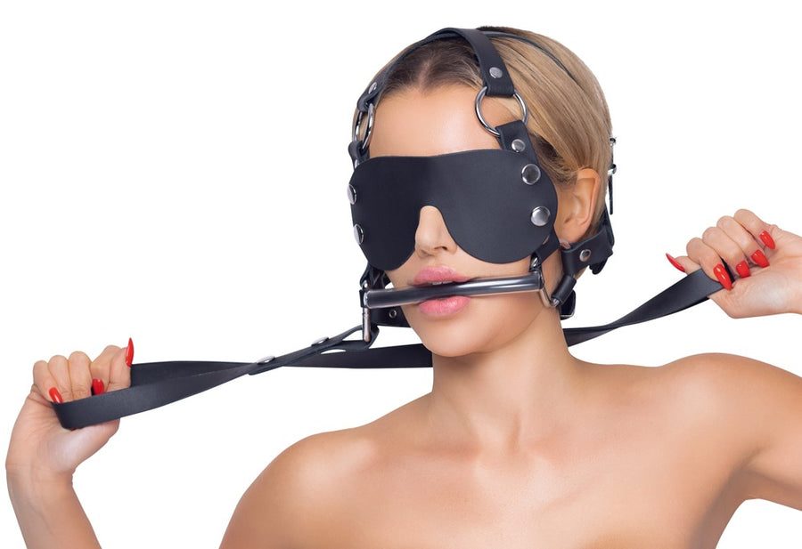 Zado Fetish - Leather Head Harness Set Blindfold Leash