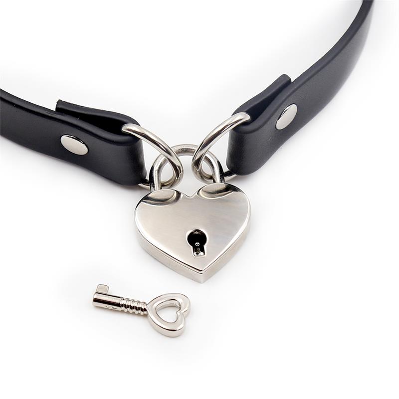 Cinderella - Black Vegan Leather Necklace with Heart Lock