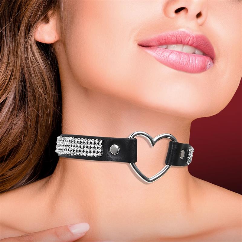 Cinderella - Necklace with Heart and Rhinestones Choker Style Vegan Leather One Size