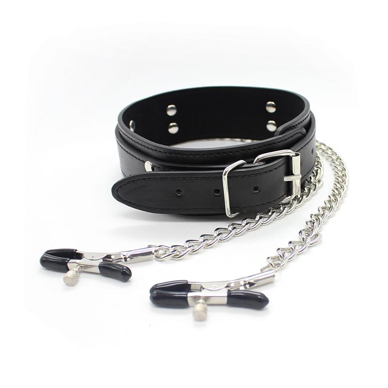 Fetish Addict - Collar with Nipple Clamps and Metal Chain